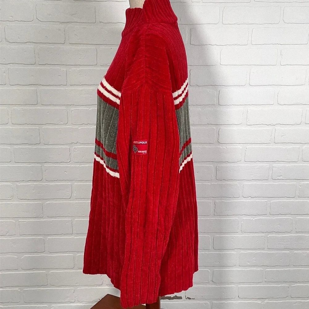 Southpole Sweater Men Large Red Gray White Stripe Chenille Pullover Buckeye‎